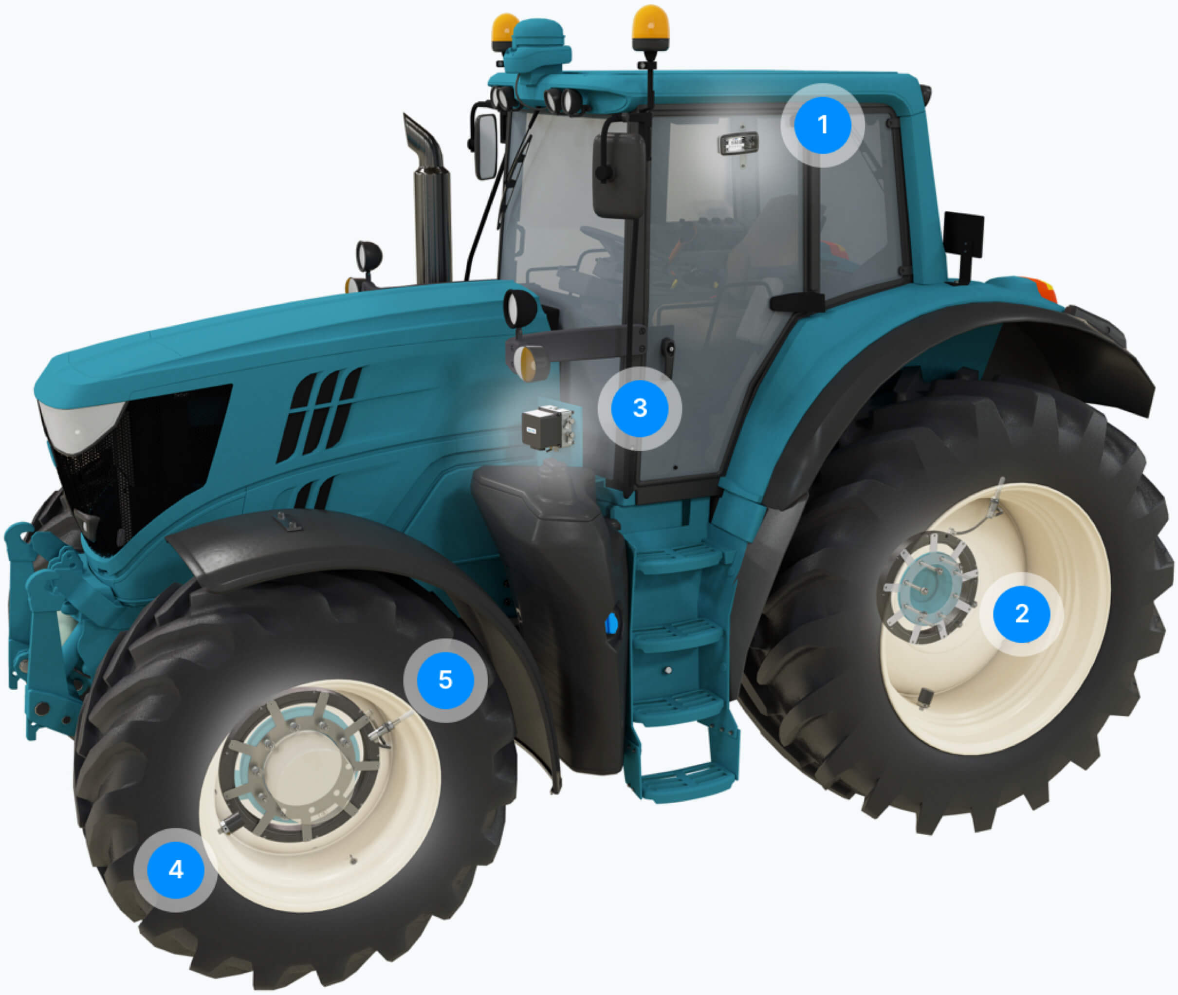 Die verschiedenen Komponenten von VariQtire an einem 3D-Rendering eines Traktors